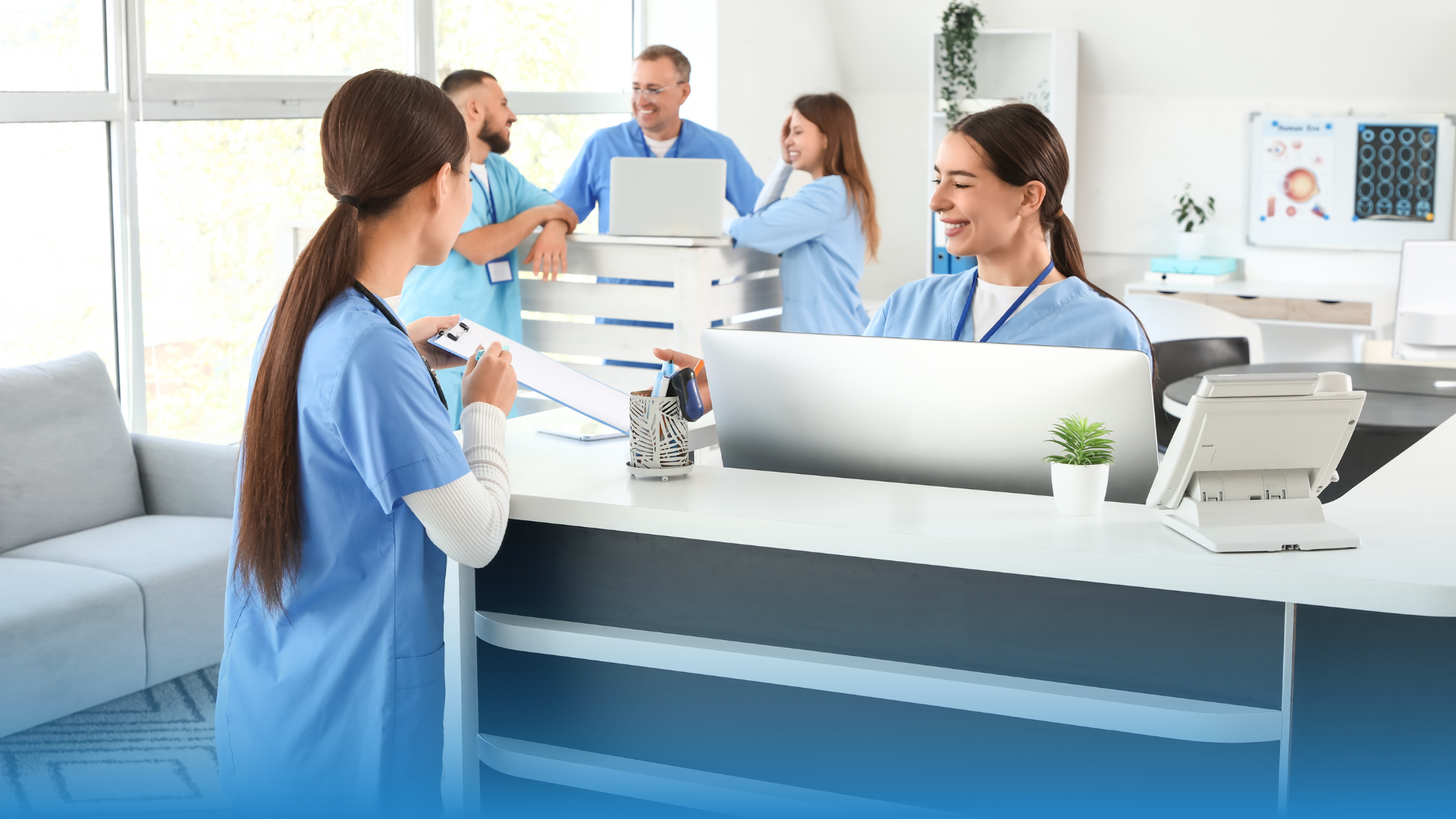 Modern, bright clinic interior with friendly staff